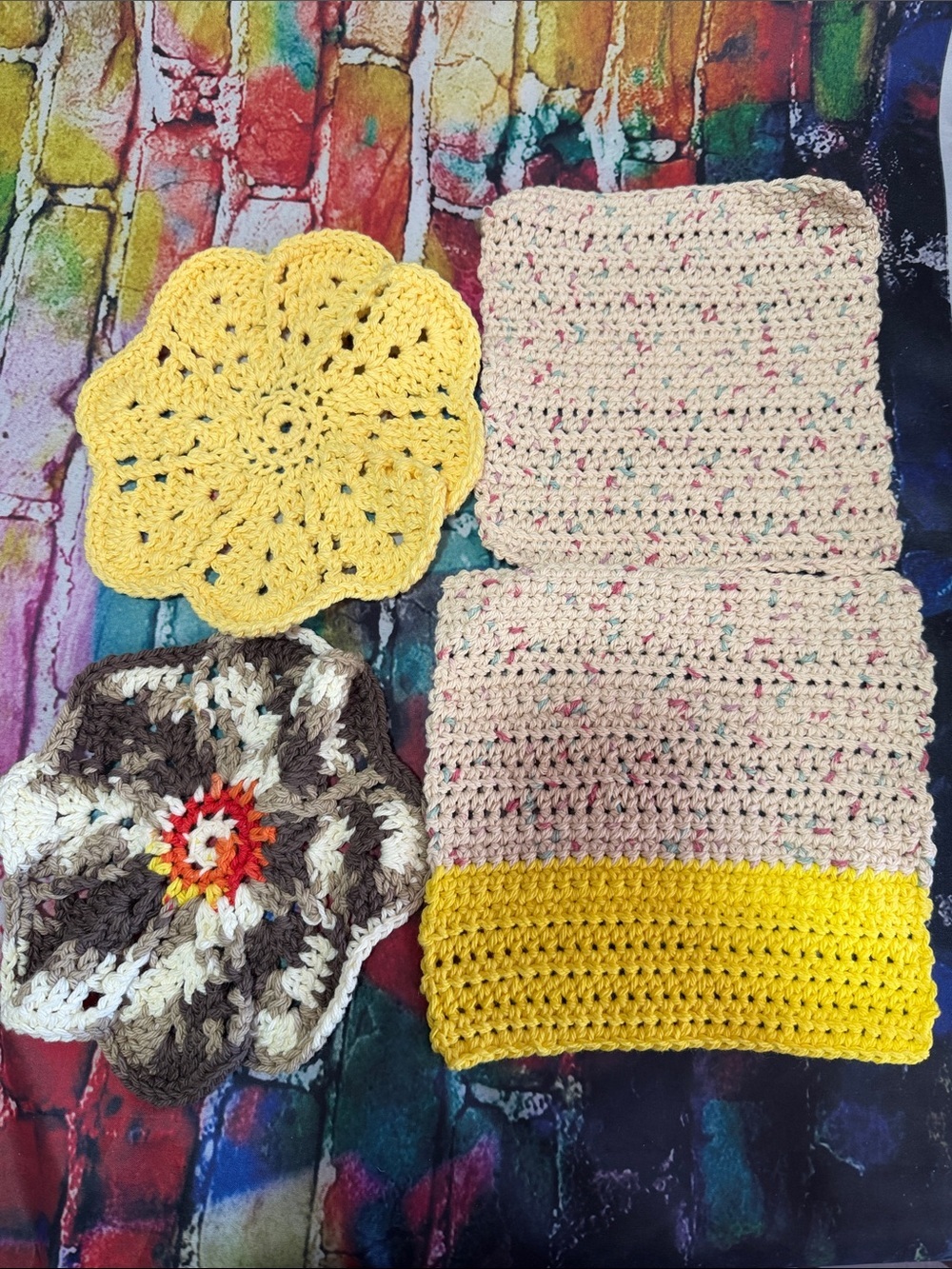 Stanley Yellow Measuring Tape with Crochet Flower and Neutral Dishcloth